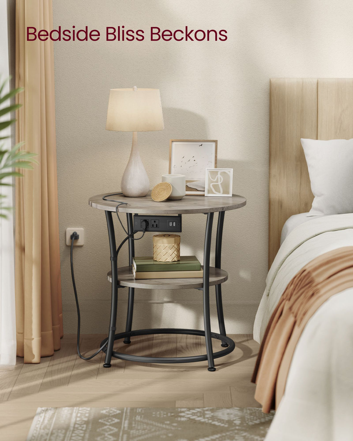 Side Table, 2-Tier Round End Table with Power Outlets