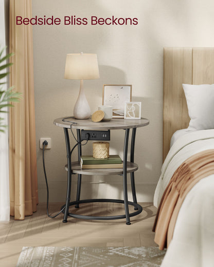 Side Table, 2-Tier Round End Table with Power Outlets