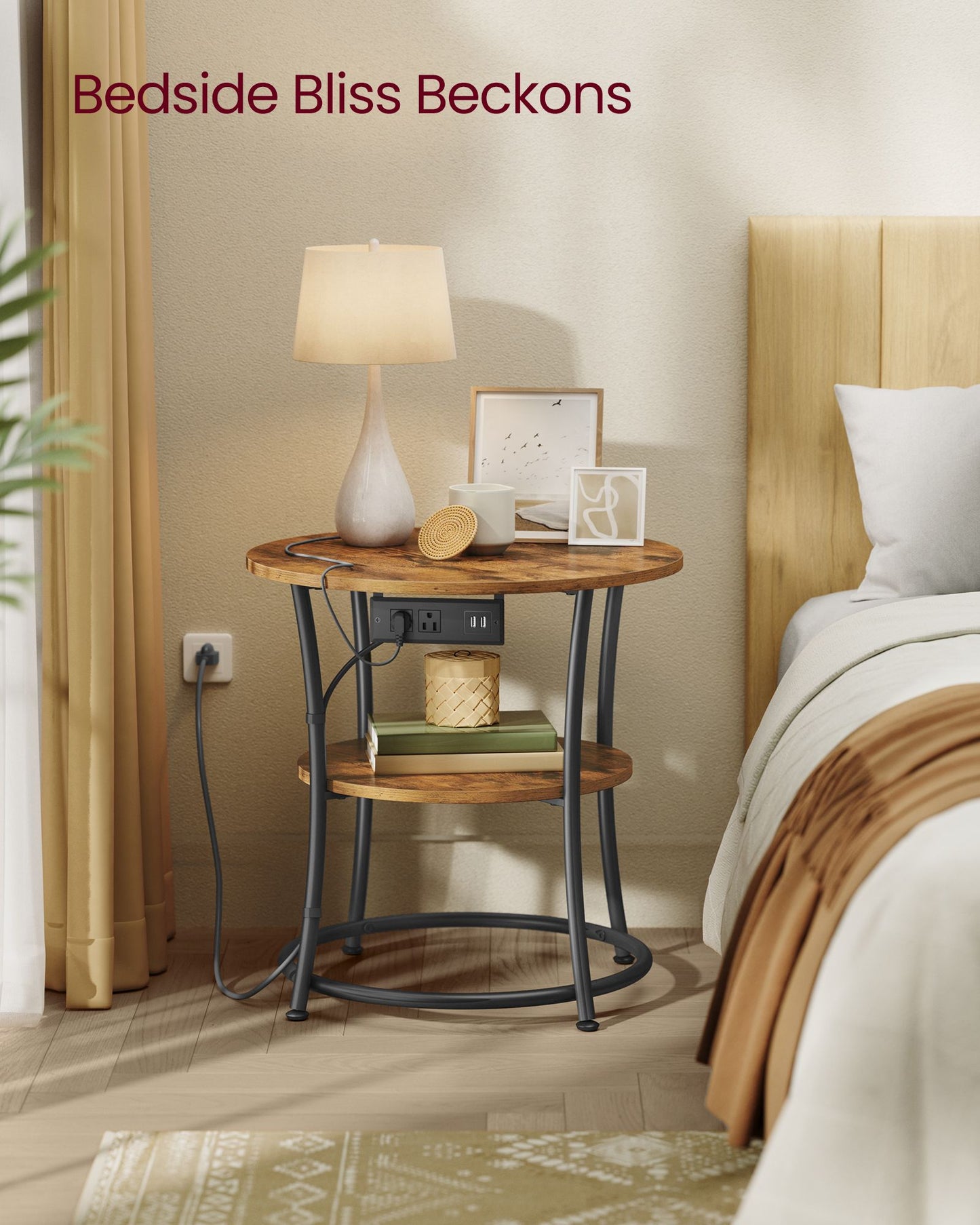 Side Table, 2-Tier Round End Table with Power Outlets