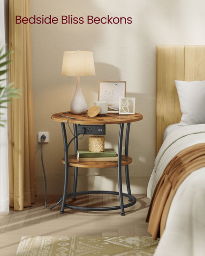 Side Table, 2-Tier Round End Table with Power Outlets