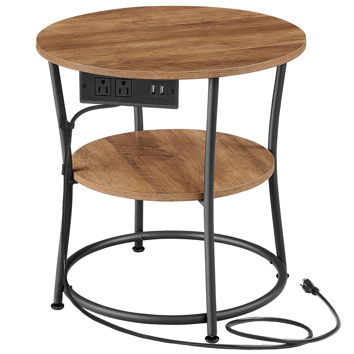 Side Table, 2-Tier Round End Table with Power Outlets