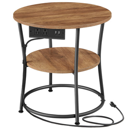 Side Table, 2-Tier Round End Table with Power Outlets