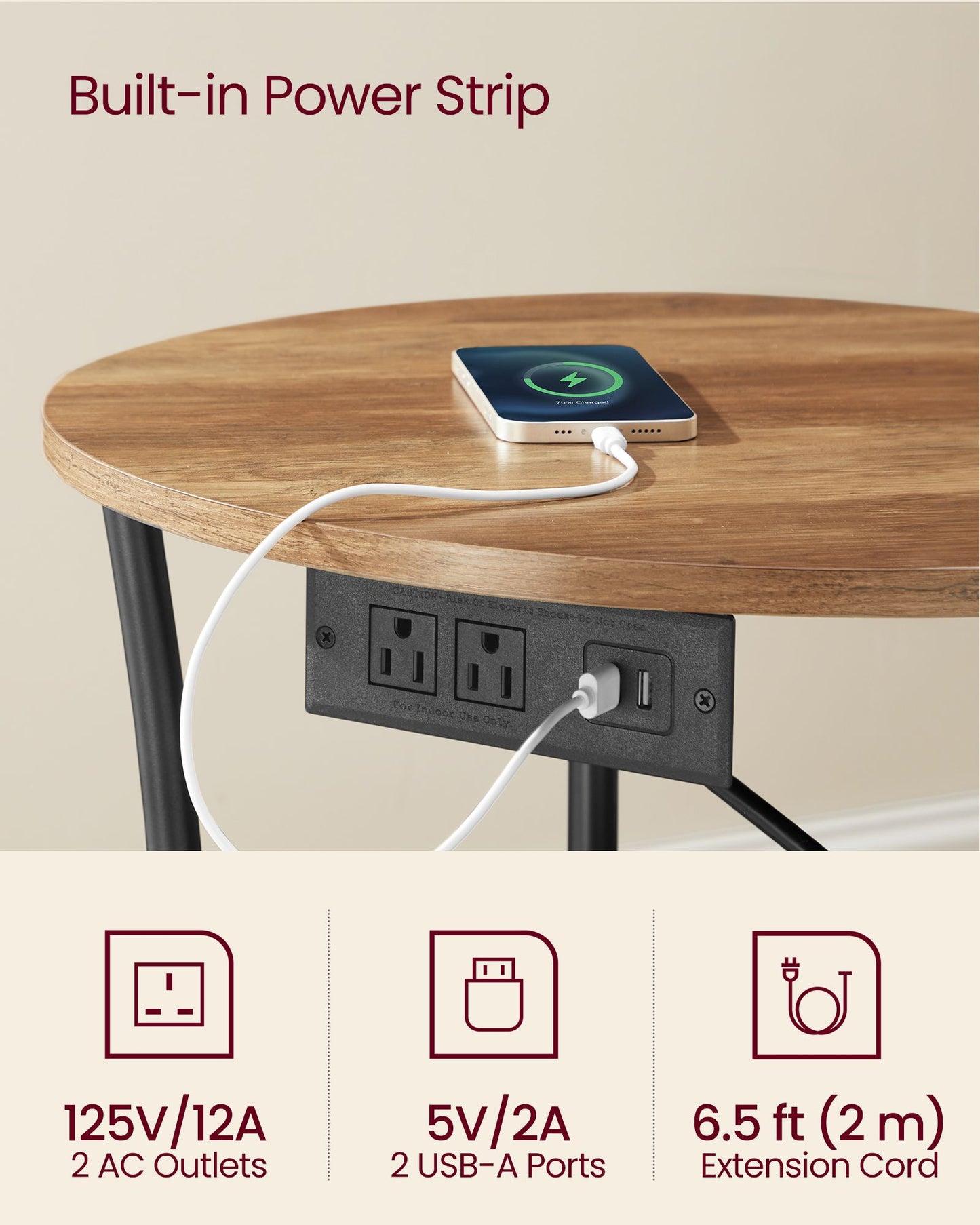 Side Table, 2-Tier Round End Table with Power Outlets