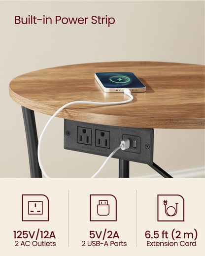 Side Table, 2-Tier Round End Table with Power Outlets