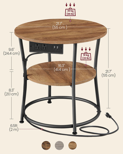 Side Table, 2-Tier Round End Table with Power Outlets