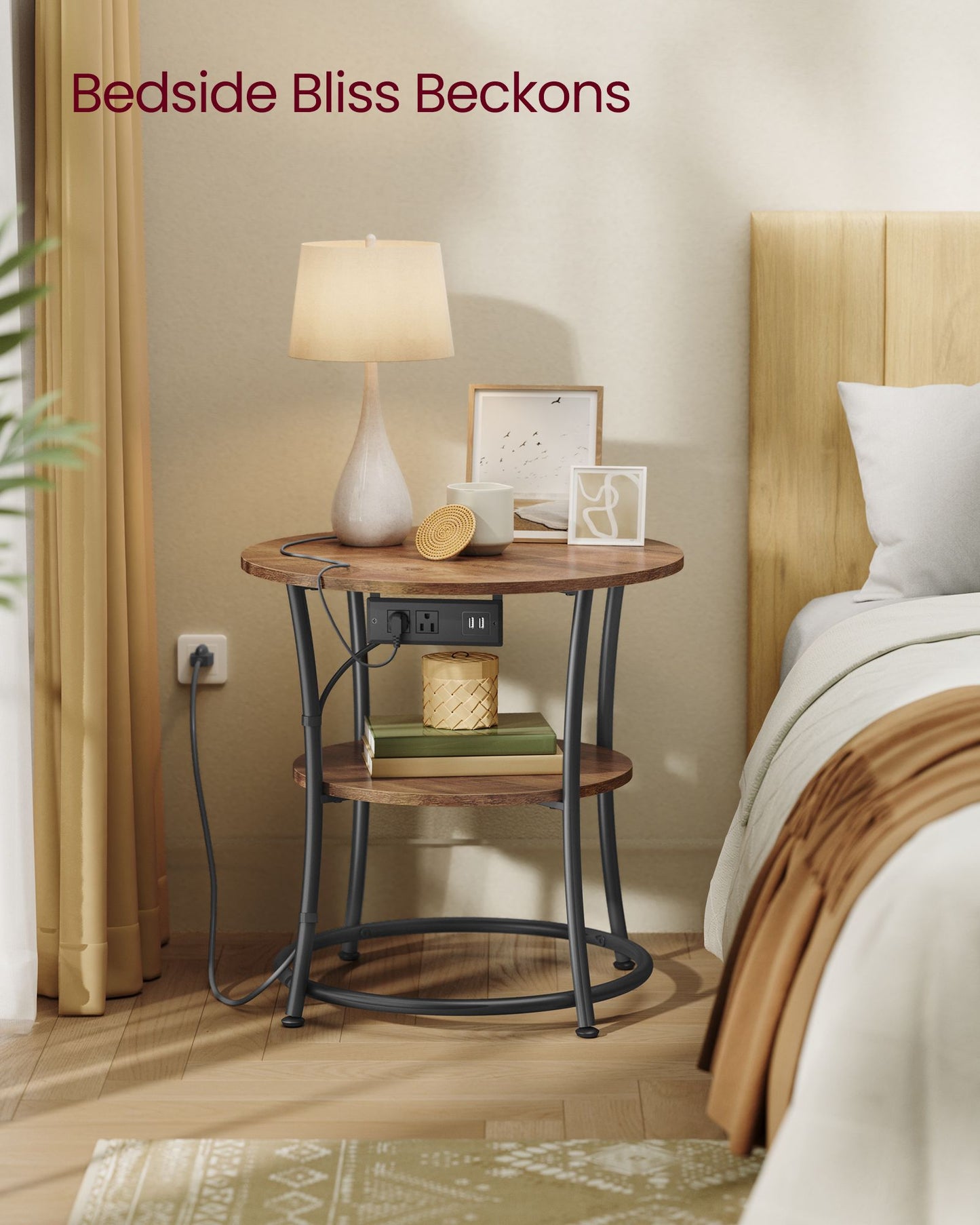 Side Table, 2-Tier Round End Table with Power Outlets