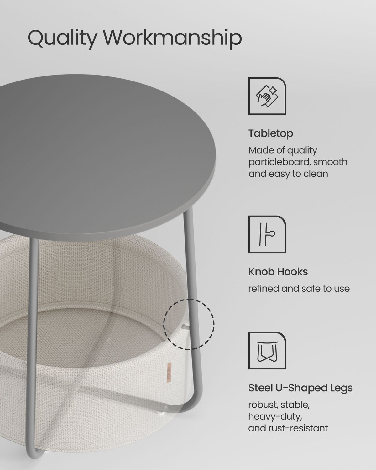 Round Side Table with Fabric Basket Dove Gray and Classic White