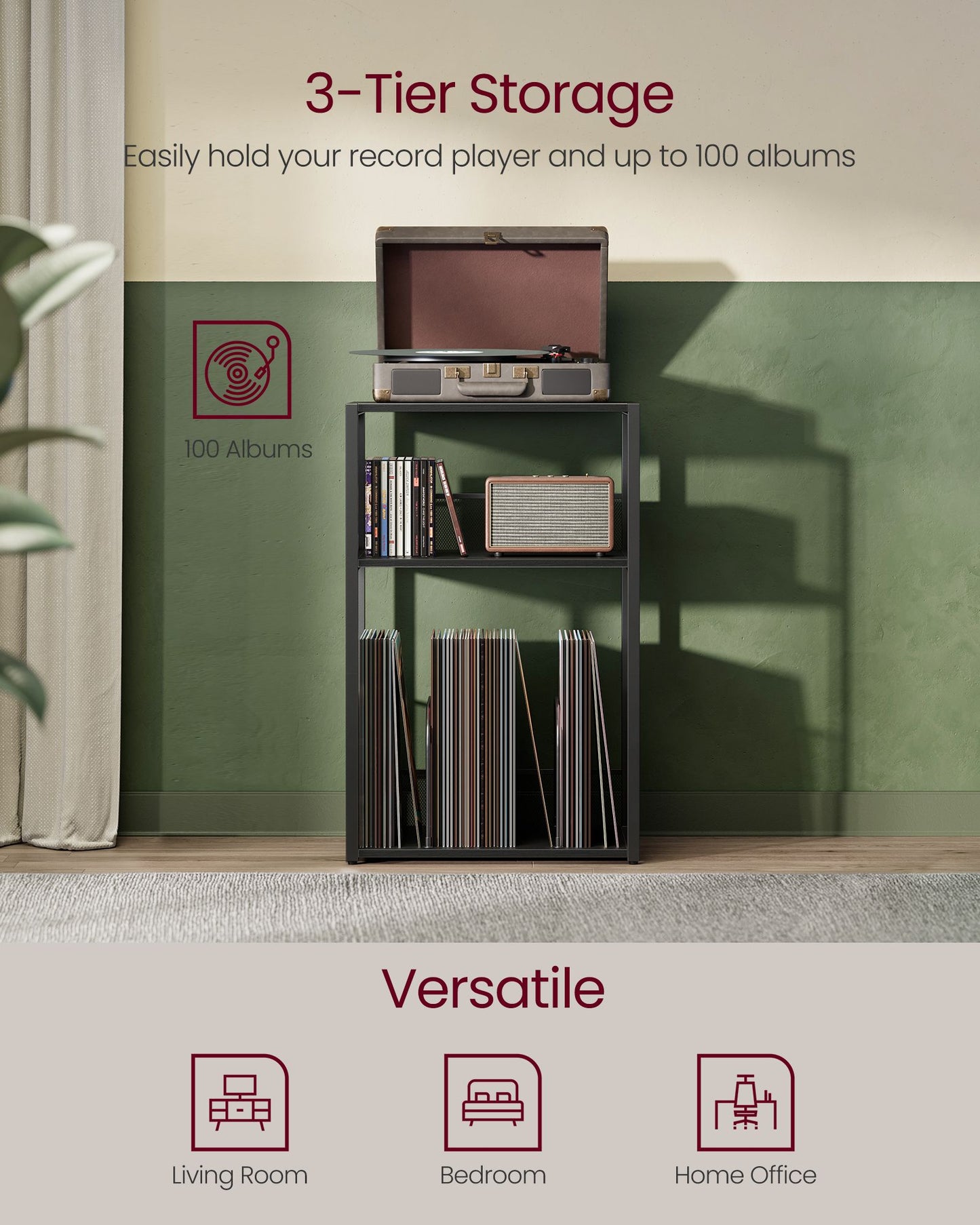 3-Tier Side Table, Vinyl Record Storage up to 100 Albums - HWLEXTRA 