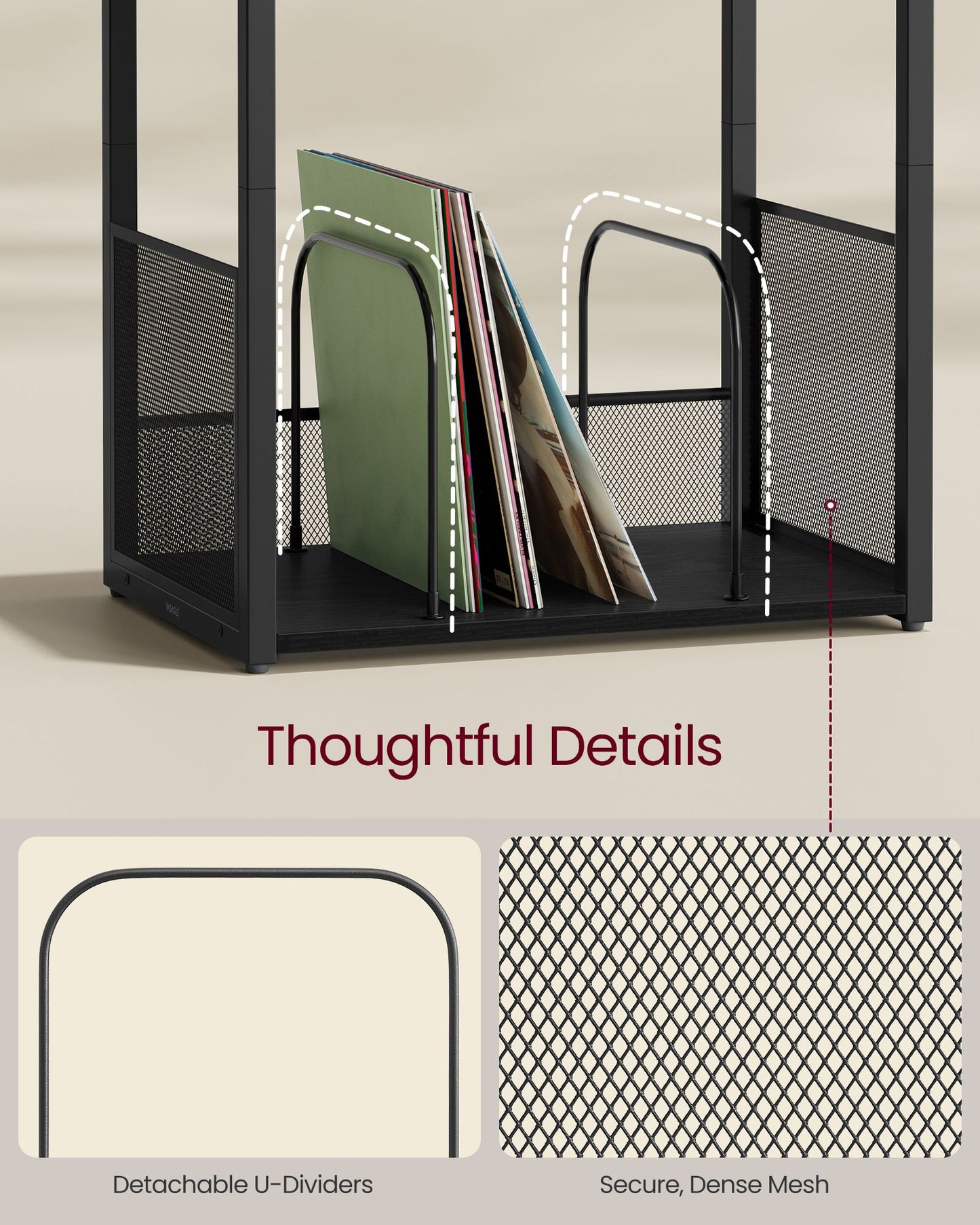 3-Tier Side Table, Vinyl Record Storage up to 100 Albums - HWLEXTRA 