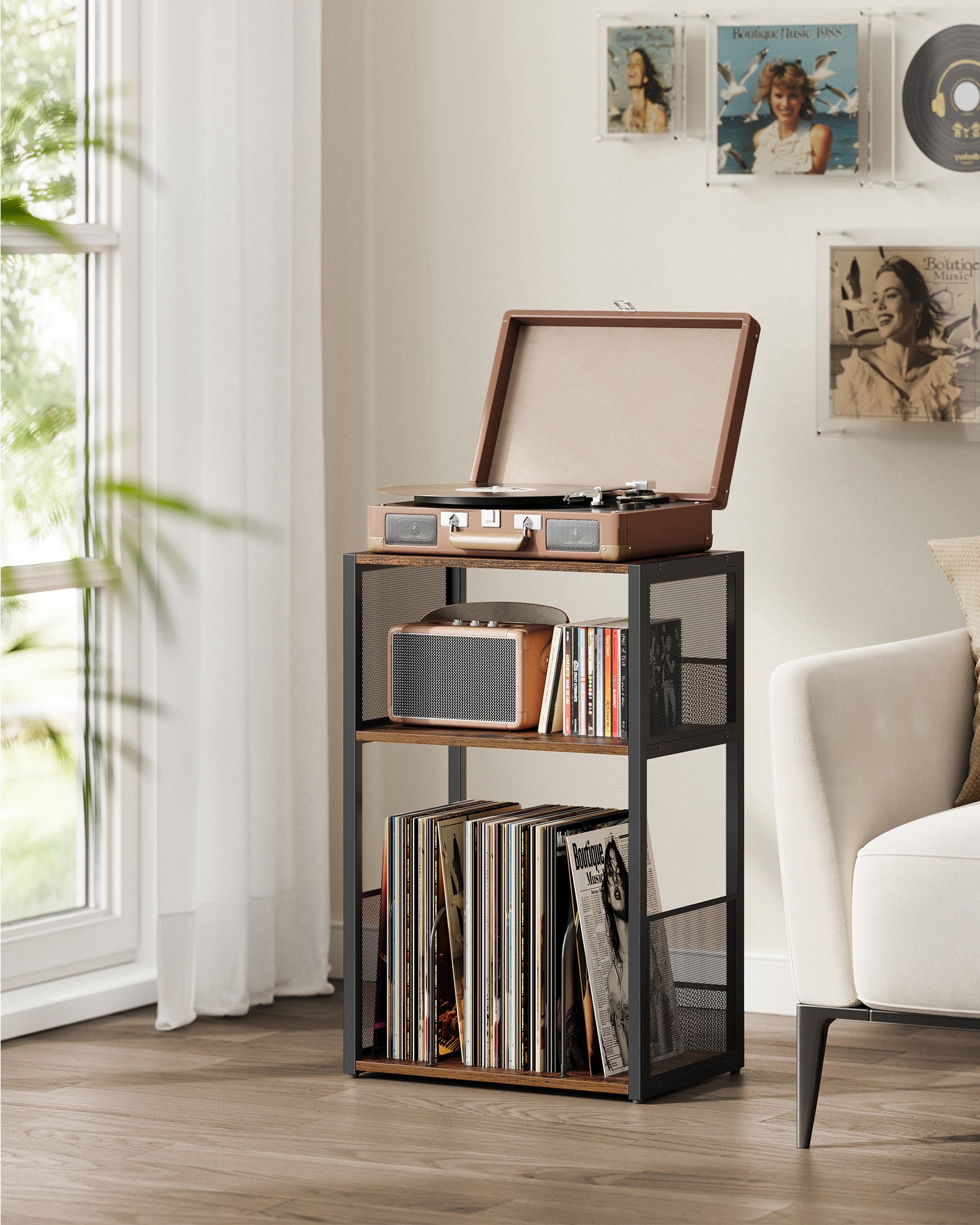 3-Tier Side Table, Vinyl Record Storage up to 100 Albums - HWLEXTRA 
