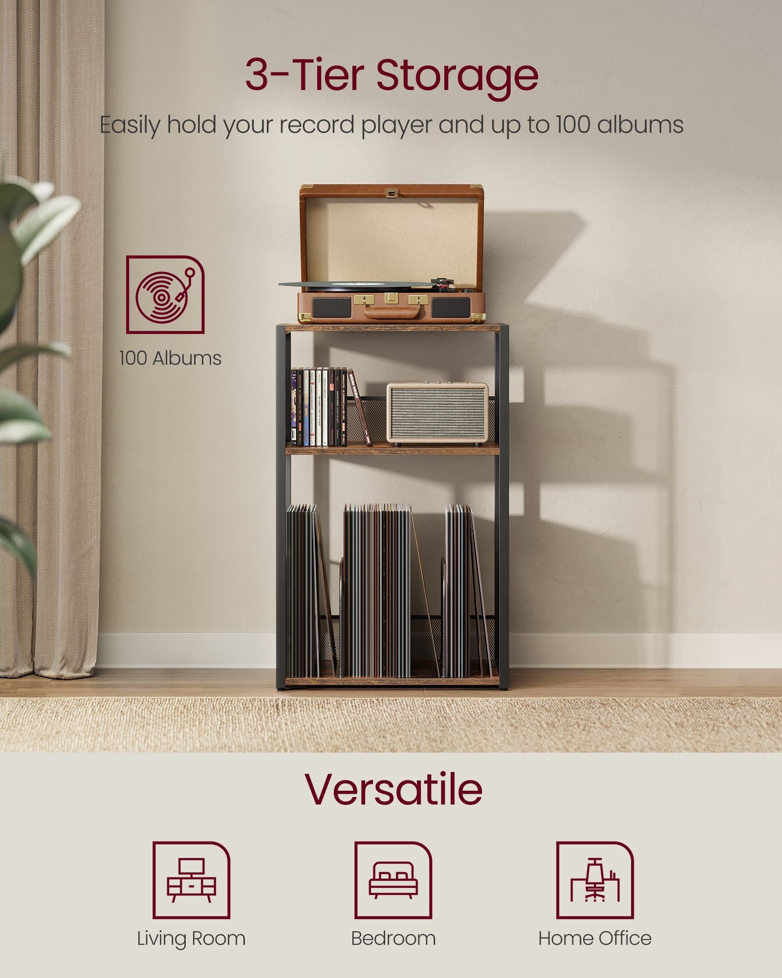 3-Tier Side Table, Vinyl Record Storage up to 100 Albums - HWLEXTRA 