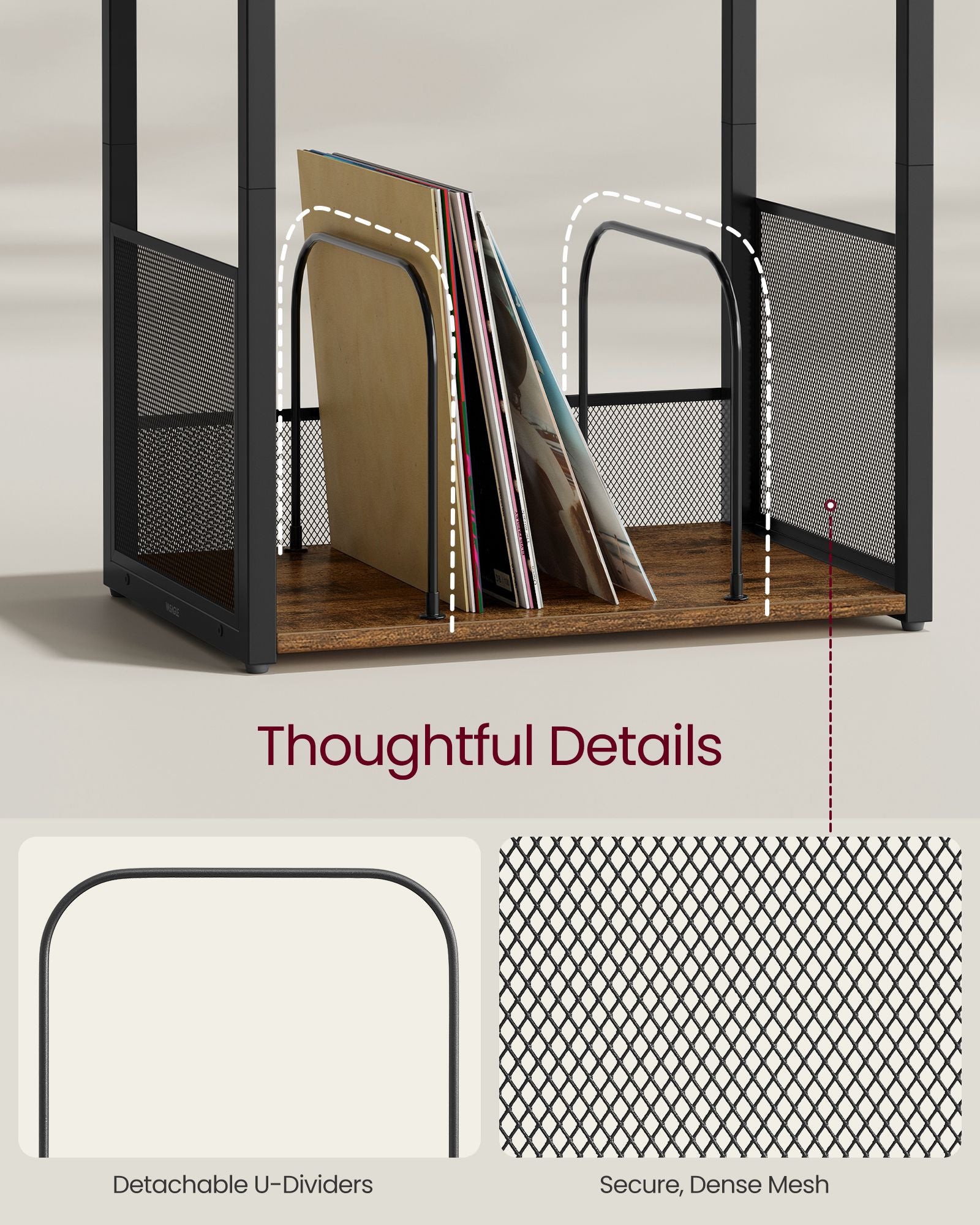 3-Tier Side Table, Vinyl Record Storage up to 100 Albums - HWLEXTRA 