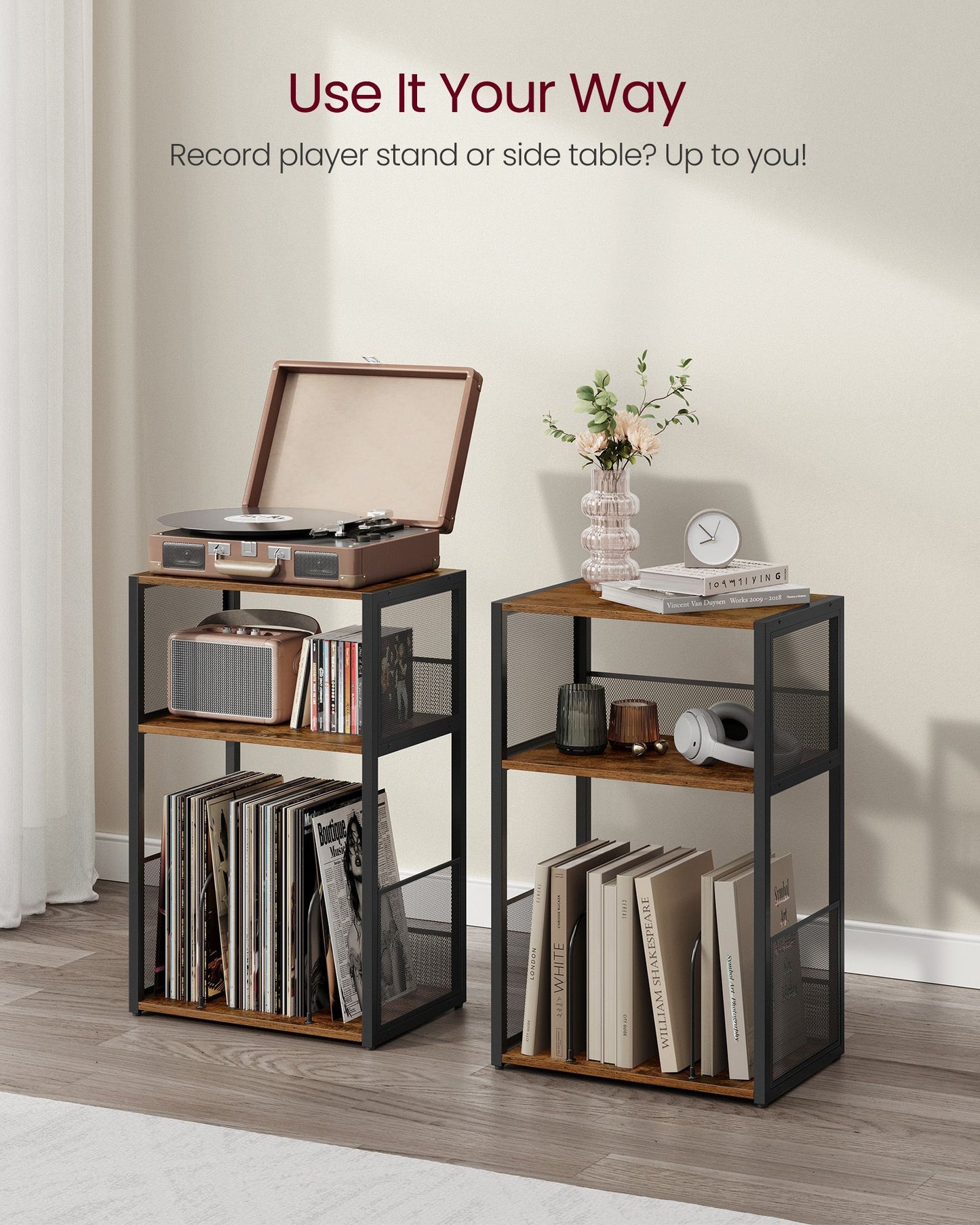 3-Tier Side Table, Vinyl Record Storage up to 100 Albums - HWLEXTRA 