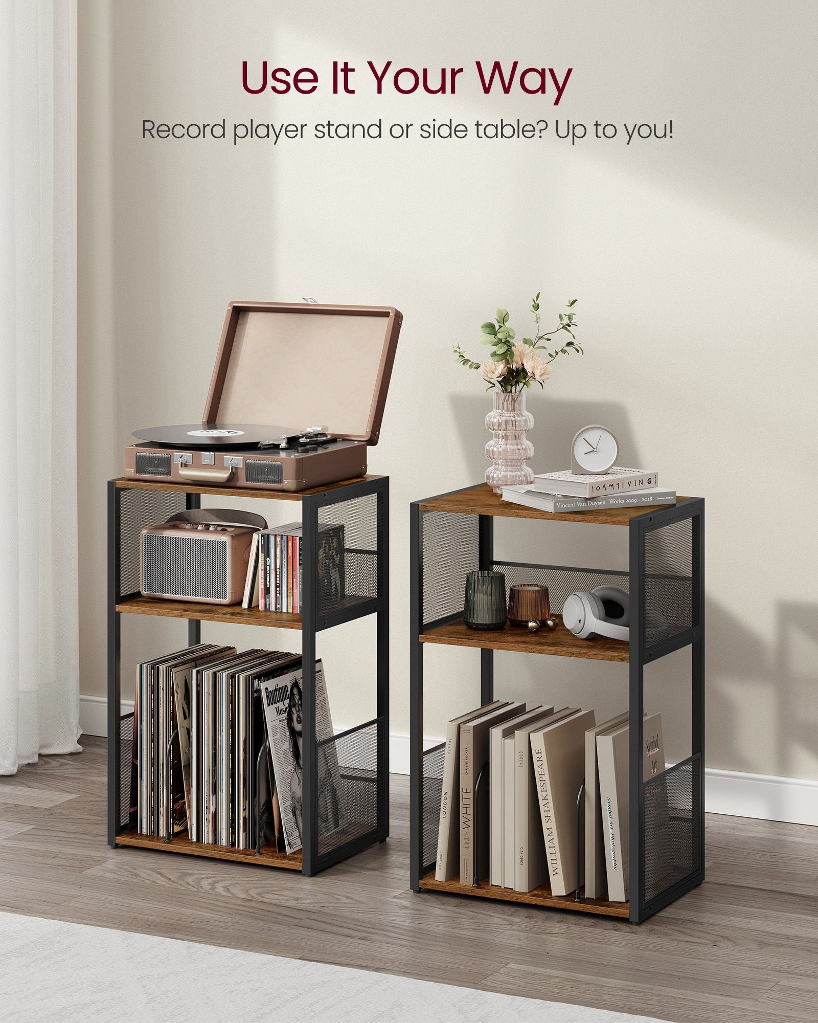3-Tier Side Table, Vinyl Record Storage up to 100 Albums - HWLEXTRA 