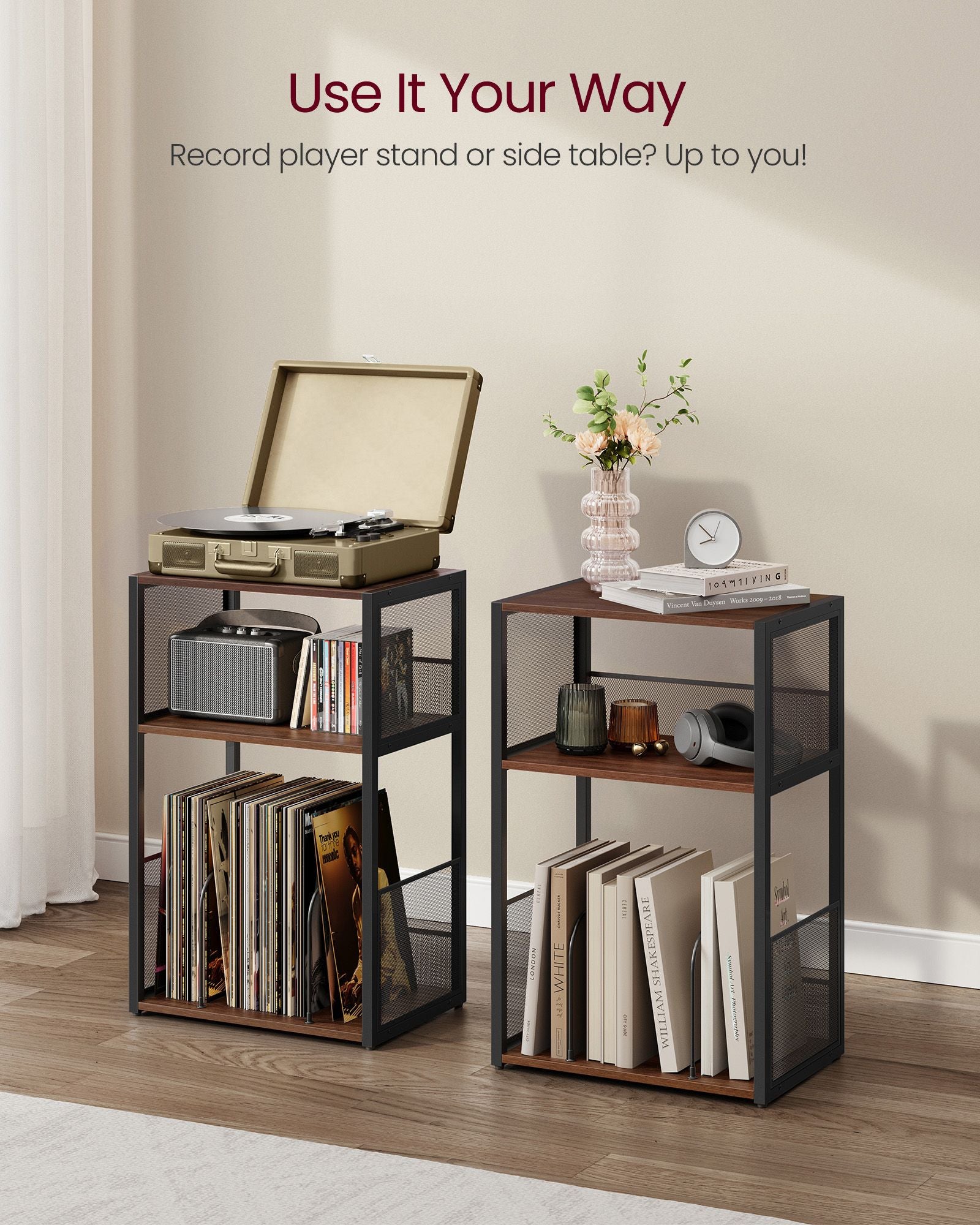 3-Tier Side Table, Vinyl Record Storage up to 100 Albums - HWLEXTRA 