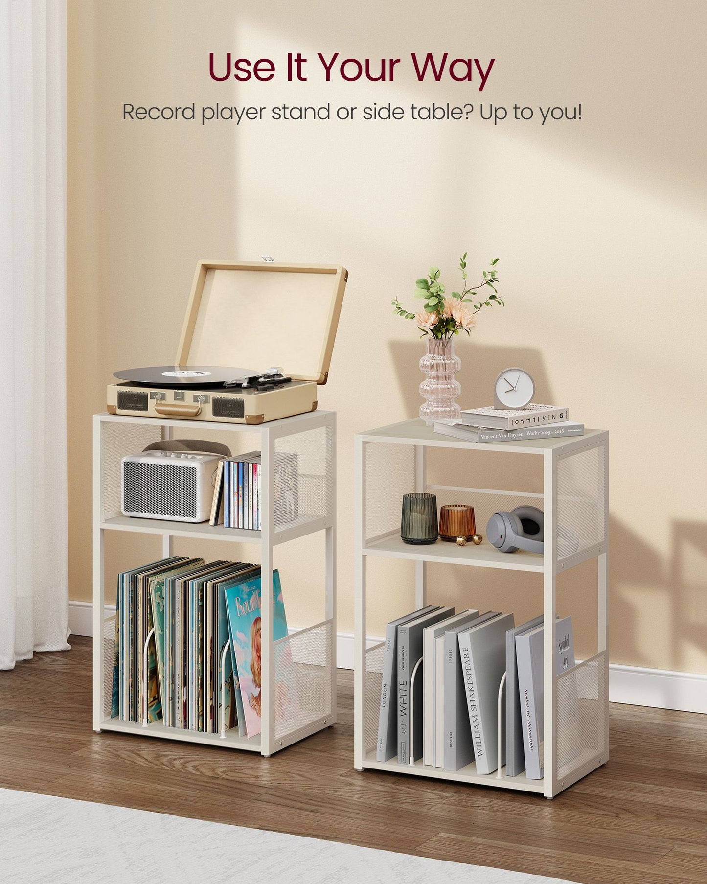 3-Tier Side Table, Vinyl Record Storage up to 100 Albums - HWLEXTRA 