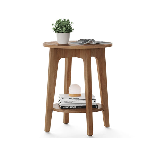 Round End Table with Lower Shelf, Nightstand for Small Spaces, Modern Farmhouse Style, Rustic Walnut