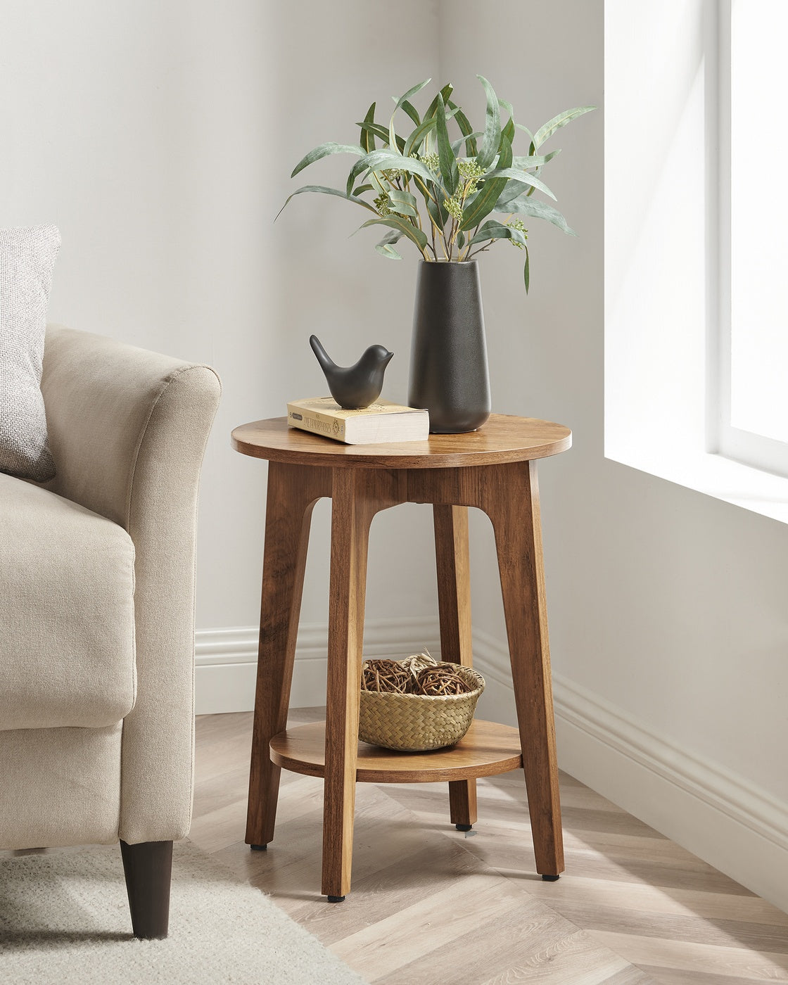 Round End Table with Lower Shelf, Nightstand for Small Spaces, Modern Farmhouse Style, Rustic Walnut