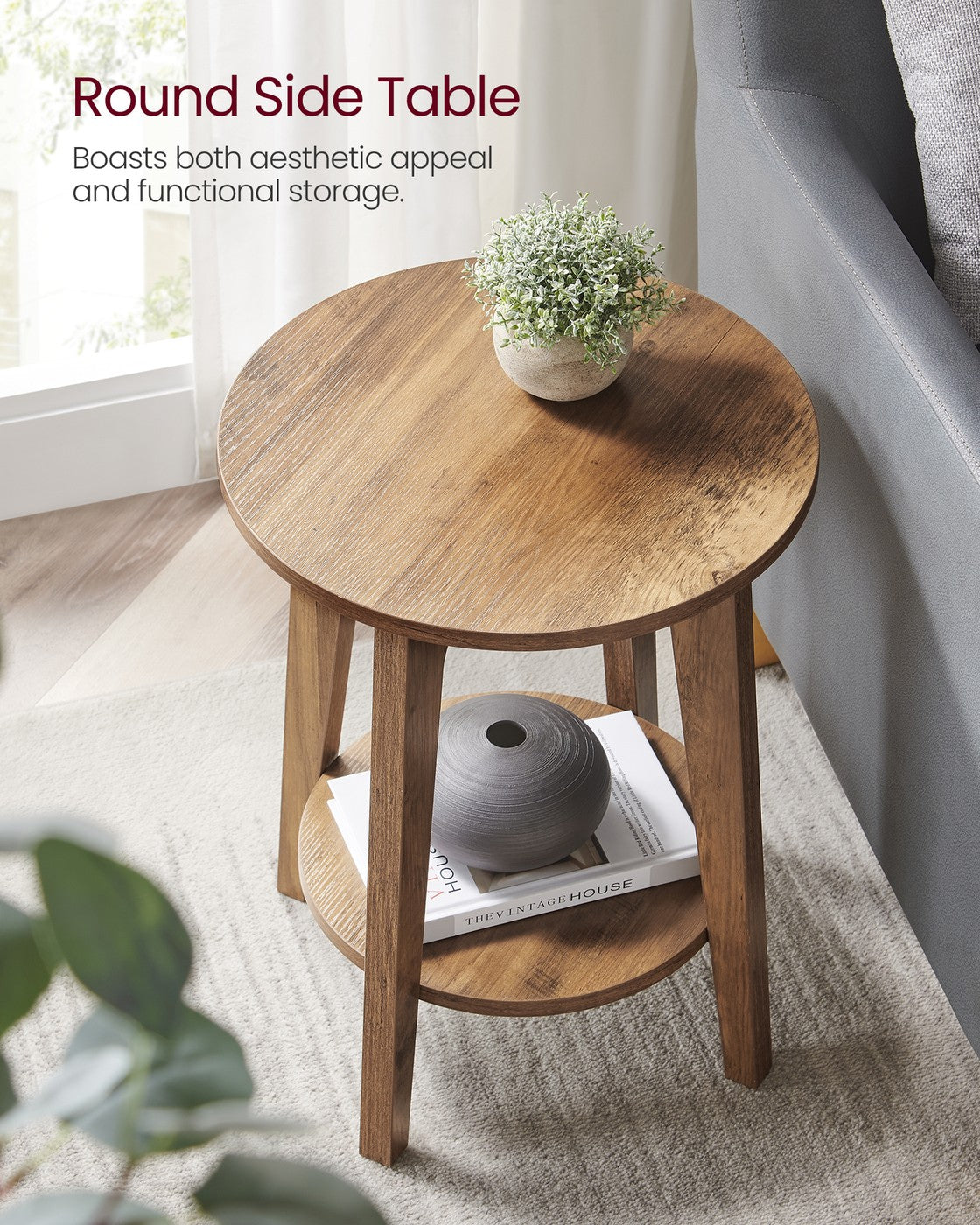 Round End Table with Lower Shelf, Nightstand for Small Spaces, Modern Farmhouse Style, Rustic Walnut