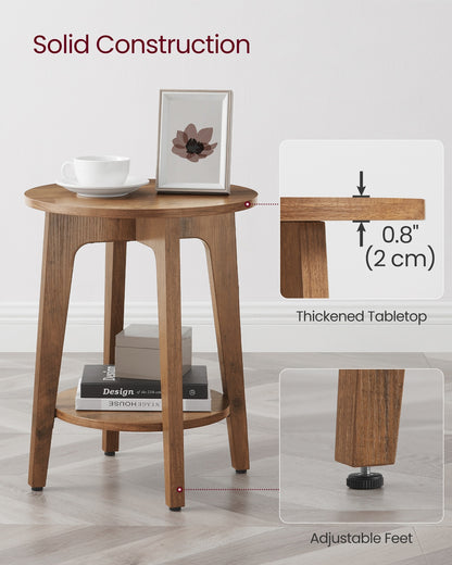 Round End Table with Lower Shelf, Nightstand for Small Spaces, Modern Farmhouse Style, Rustic Walnut