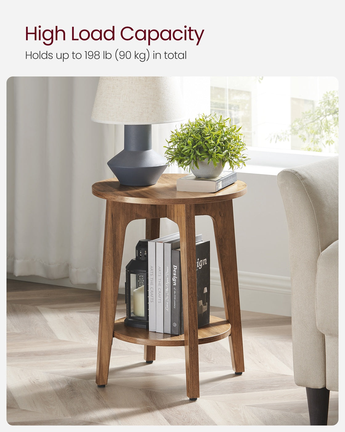 Round End Table with Lower Shelf, Nightstand for Small Spaces, Modern Farmhouse Style, Rustic Walnut