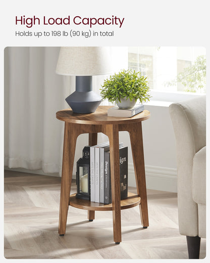 Round End Table with Lower Shelf, Nightstand for Small Spaces, Modern Farmhouse Style, Rustic Walnut