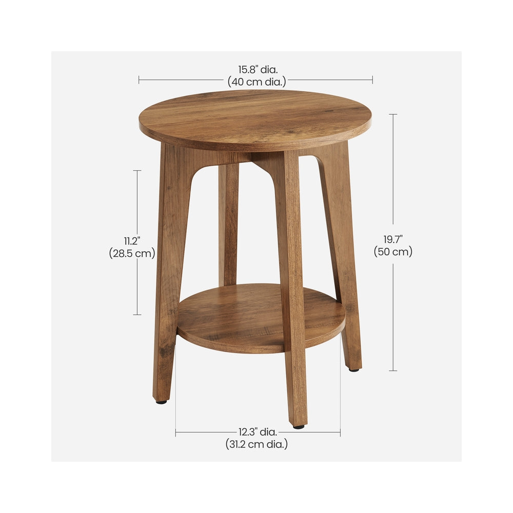 Round End Table with Lower Shelf, Nightstand for Small Spaces, Modern Farmhouse Style, Rustic Walnut