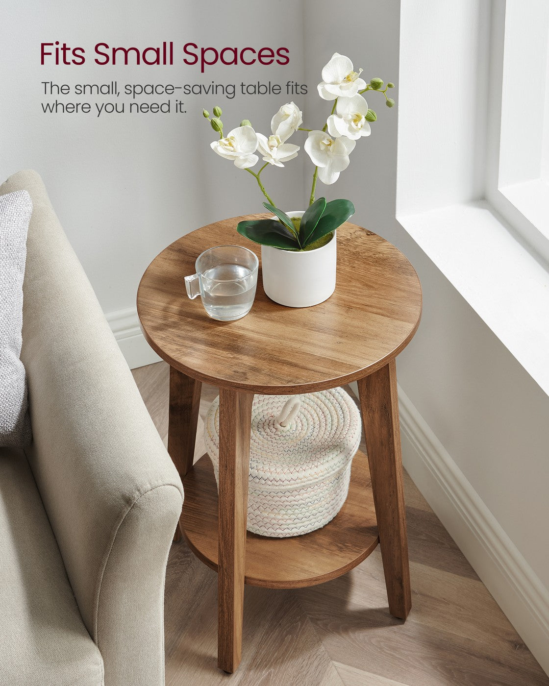 Round End Table with Lower Shelf, Nightstand for Small Spaces, Modern Farmhouse Style, Rustic Walnut