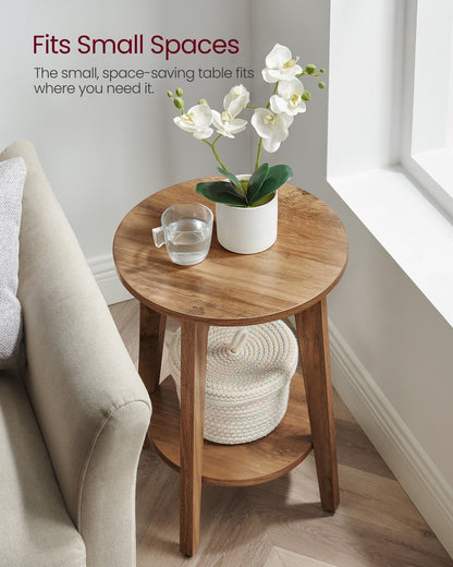 Round End Table with Lower Shelf, Nightstand for Small Spaces, Modern Farmhouse Style, Rustic Walnut