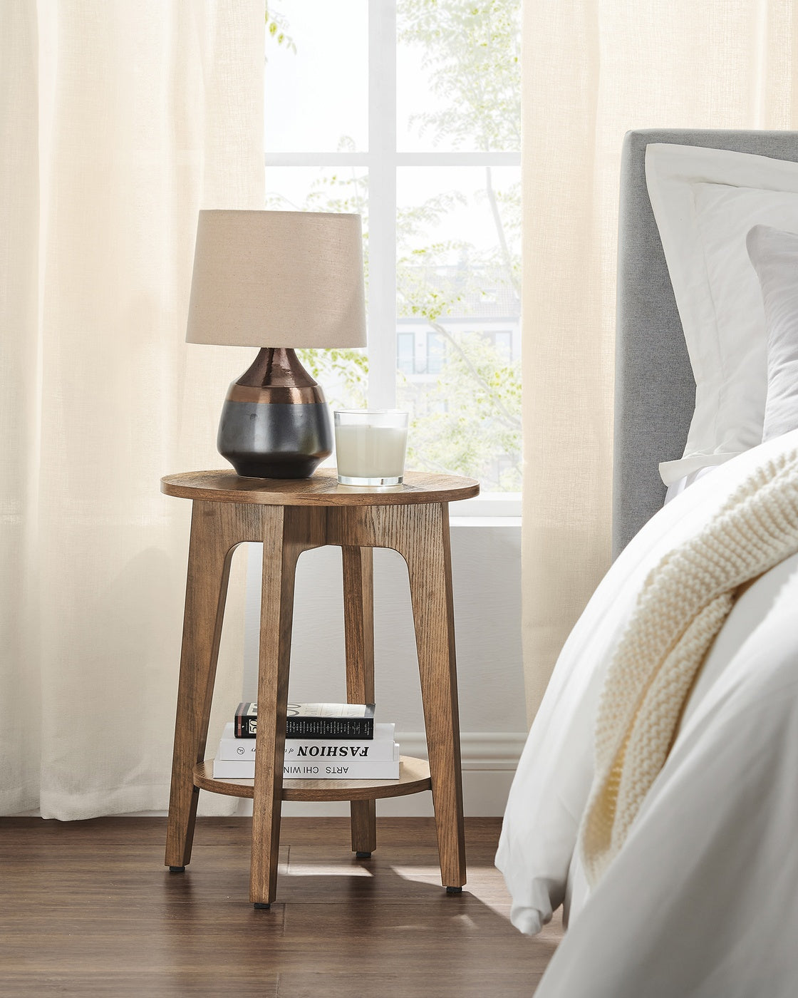 Round End Table with Lower Shelf, Nightstand for Small Spaces, Modern Farmhouse Style, Rustic Walnut