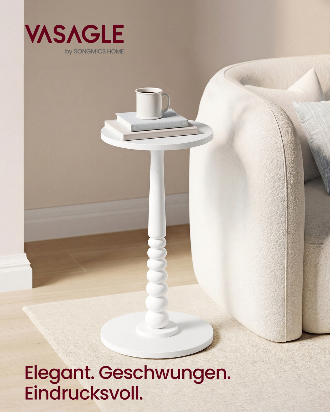 MARIEL Collection - Round Side Table with Solid Wood Leg Cloud White