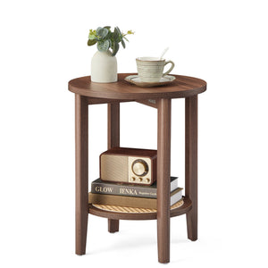 Round Side End Table, 2-Tier Boho Bedside Table with Rattan-Look Storage Shelf - image 7