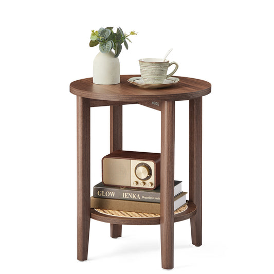 Round Side End Table, 2-Tier Boho Bedside Table with Rattan-Look Storage Shelf - image 1