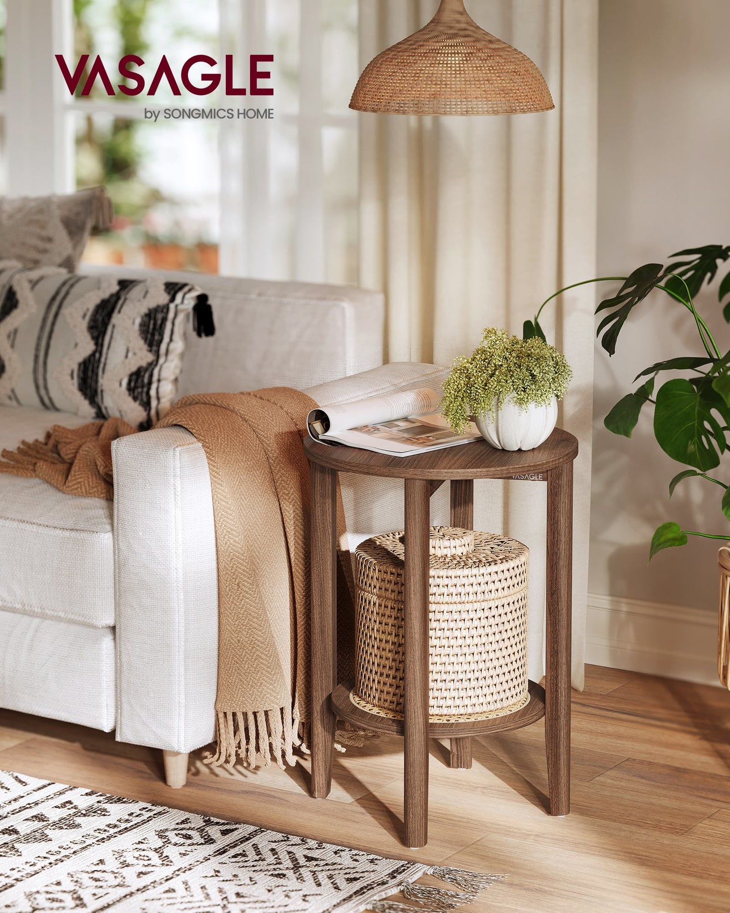 Round Side End Table, 2-Tier Boho Bedside Table with Rattan-Look Storage Shelf - image 2