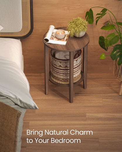 Round Side End Table, 2-Tier Boho Bedside Table with Rattan-Look Storage Shelf - image 3