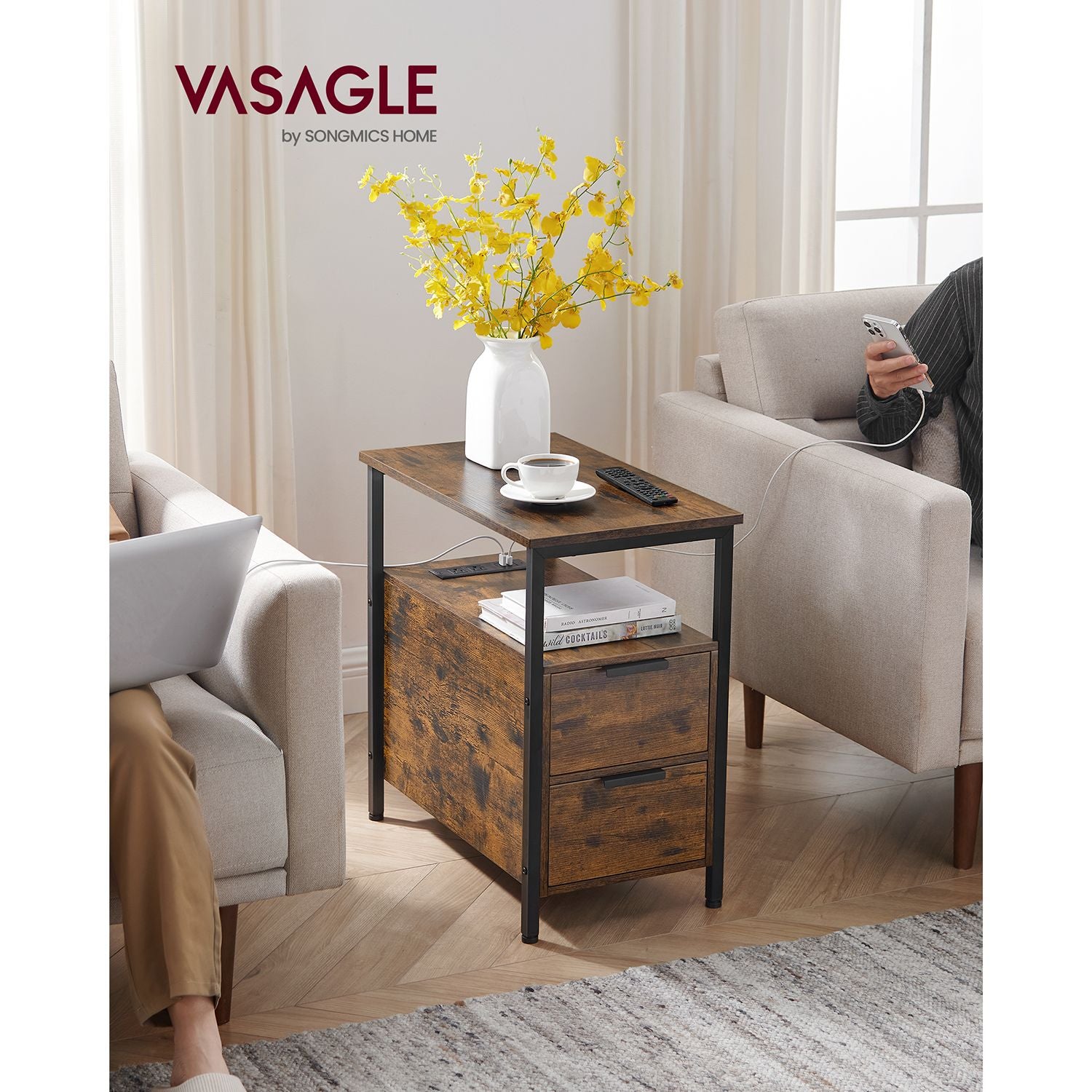 Narrow End Table with Charging Station and 2 Drawers - HWLEXTRA 