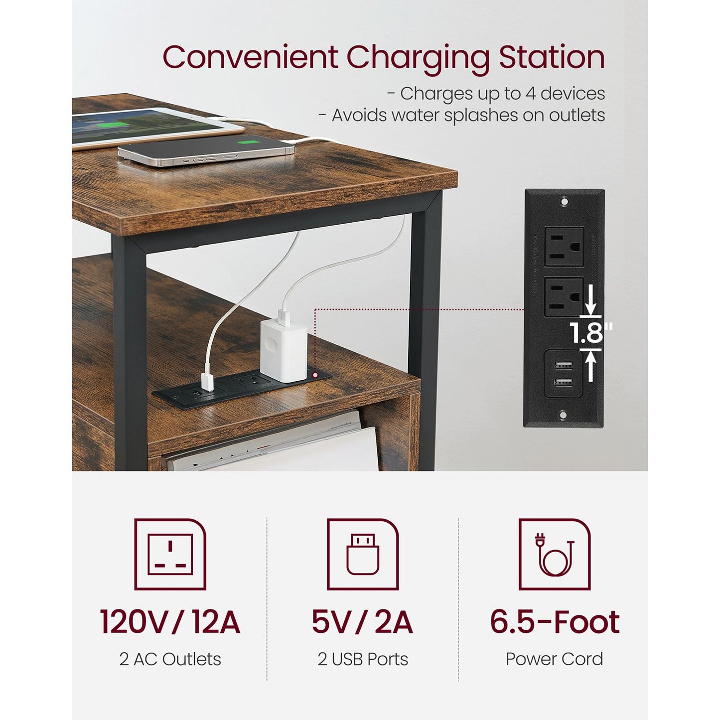 Narrow End Table with Charging Station and 2 Drawers - HWLEXTRA 