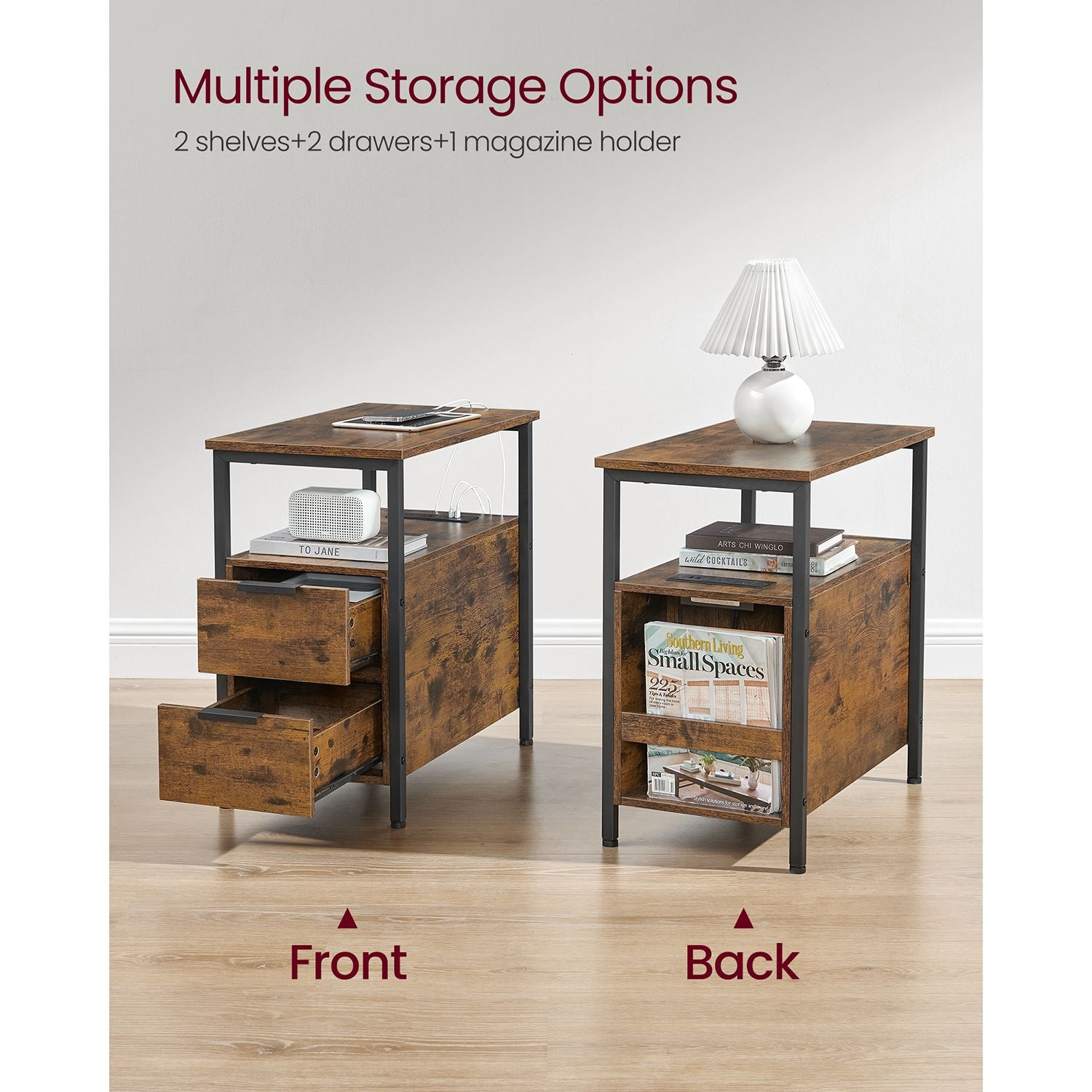 Narrow End Table with Charging Station and 2 Drawers - HWLEXTRA 