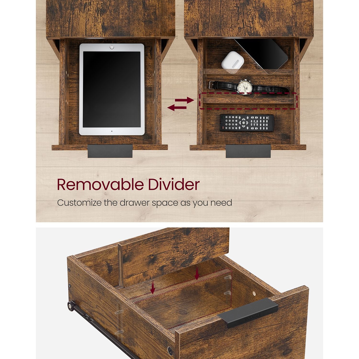 Narrow End Table with Charging Station and 2 Drawers - HWLEXTRA 