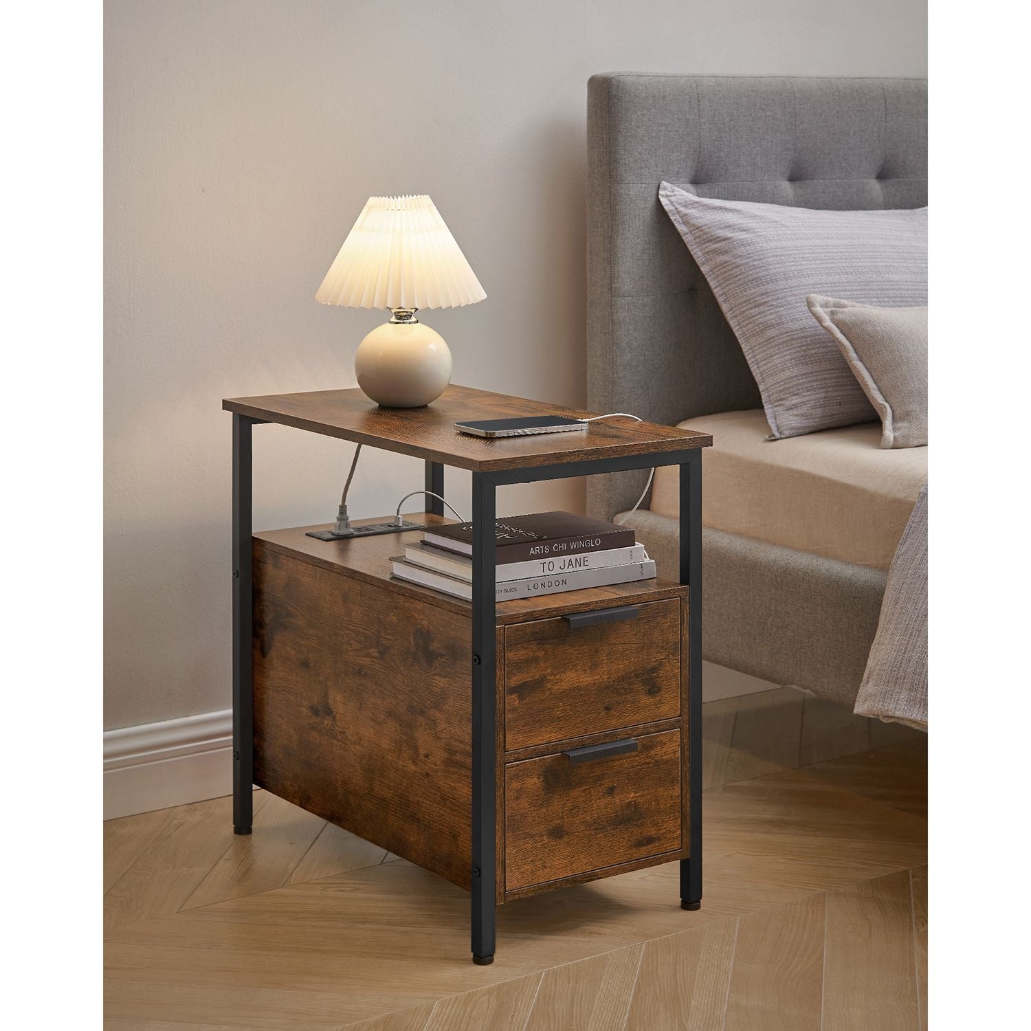Narrow End Table with Charging Station and 2 Drawers - HWLEXTRA 