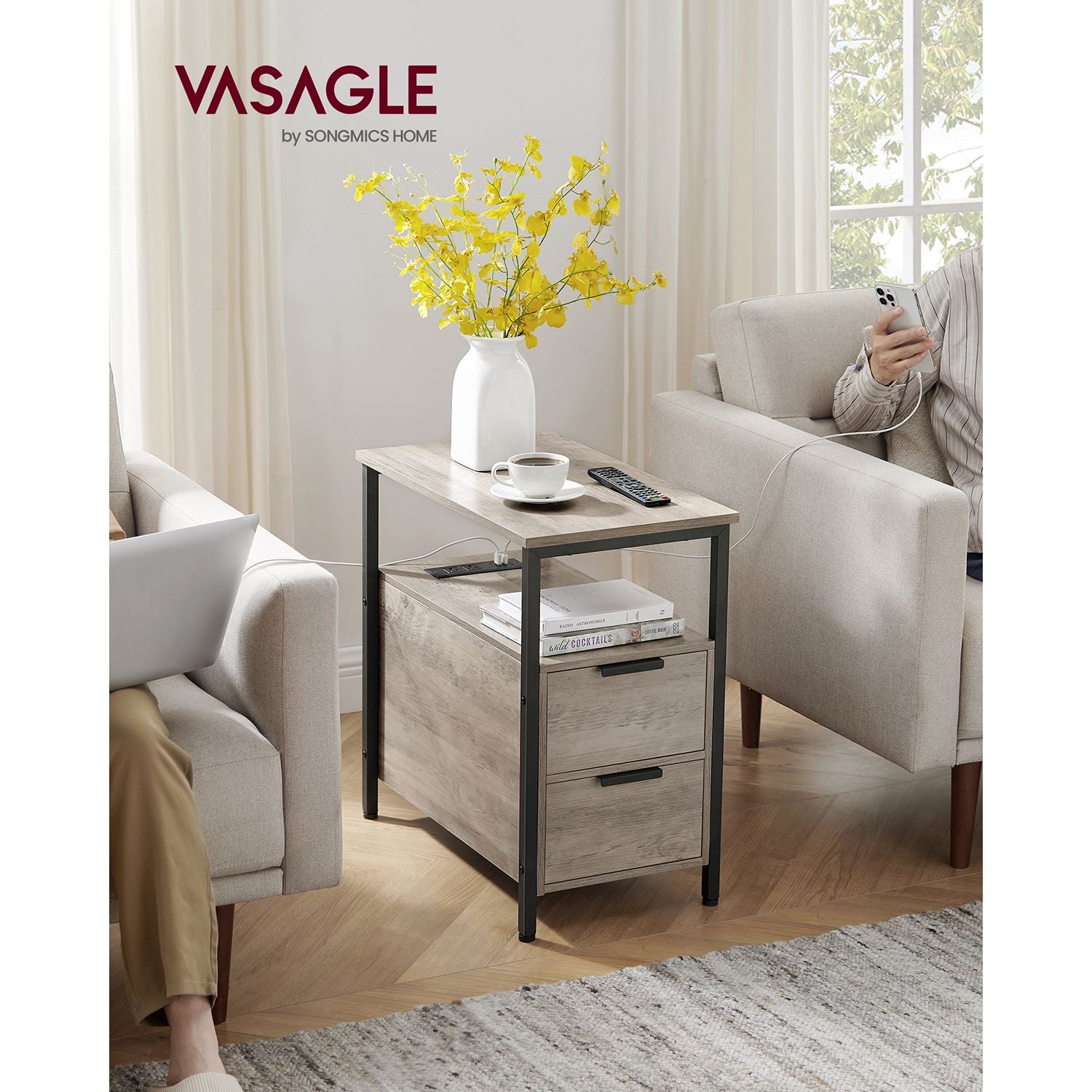 Narrow End Table with Charging Station and 2 Drawers - HWLEXTRA 