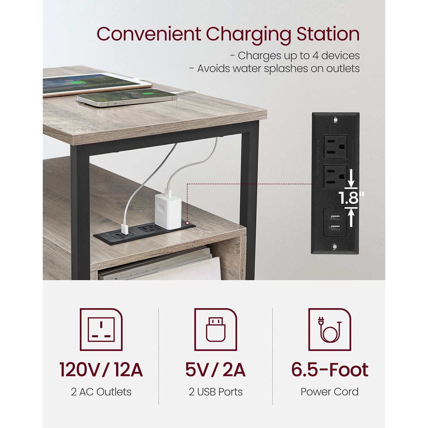 Narrow End Table with Charging Station and 2 Drawers - HWLEXTRA 