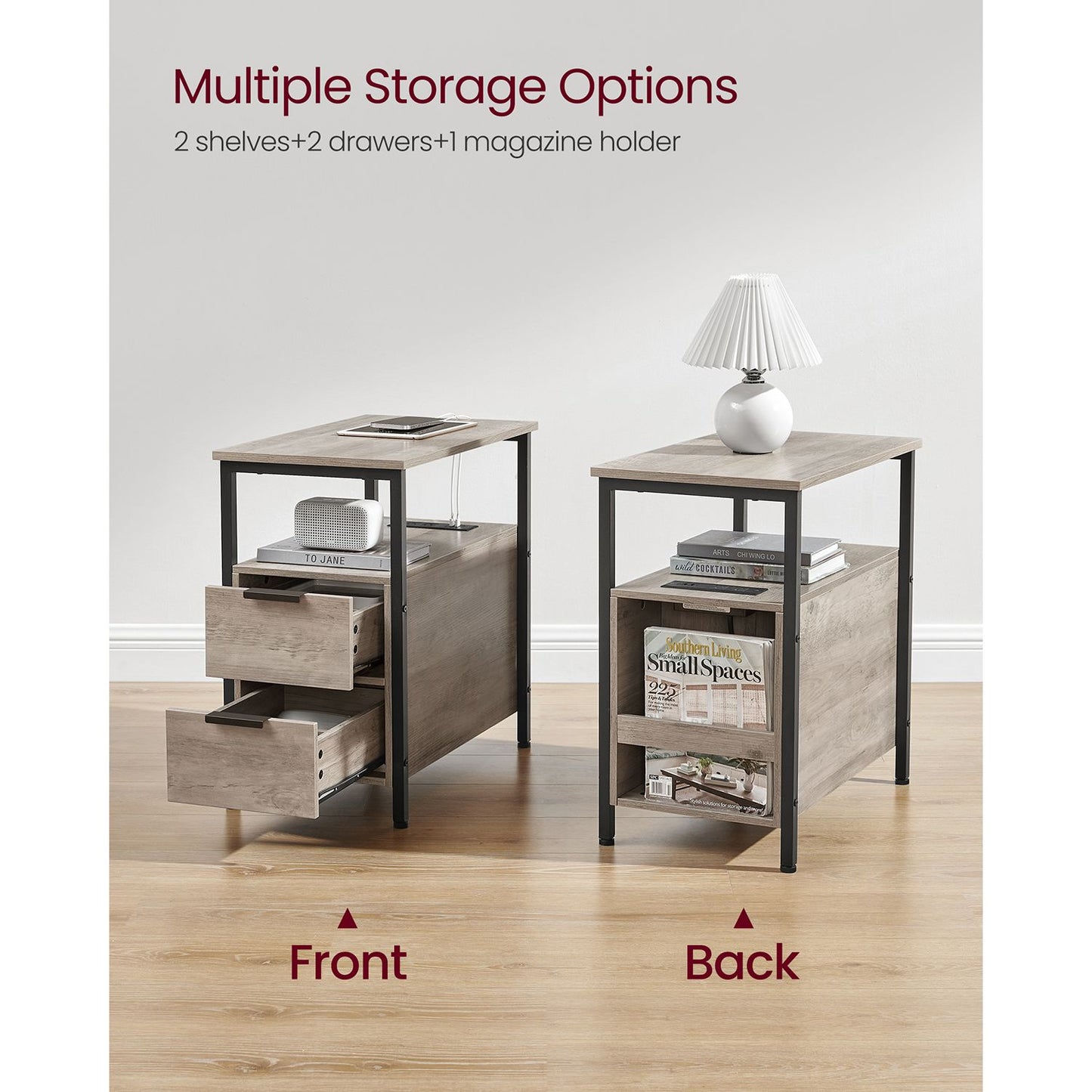 Narrow End Table with Charging Station and 2 Drawers - HWLEXTRA 