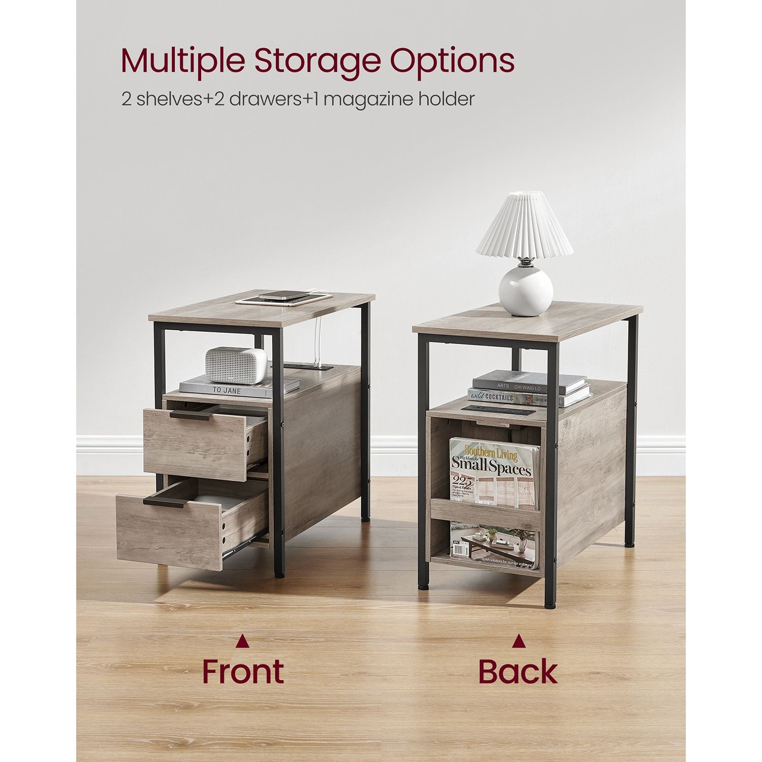 Narrow End Table with Charging Station and 2 Drawers - HWLEXTRA 