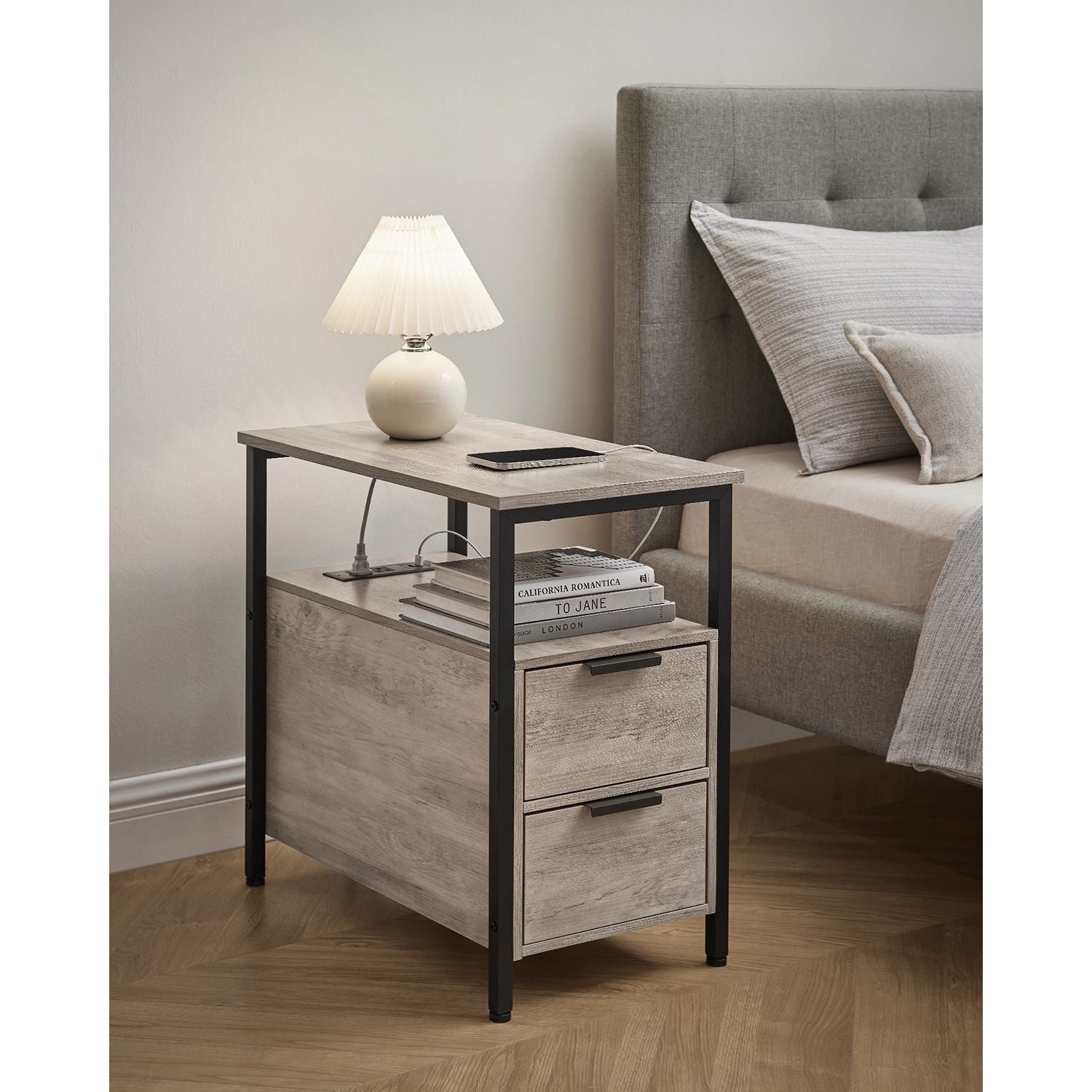 Narrow End Table with Charging Station and 2 Drawers - HWLEXTRA 