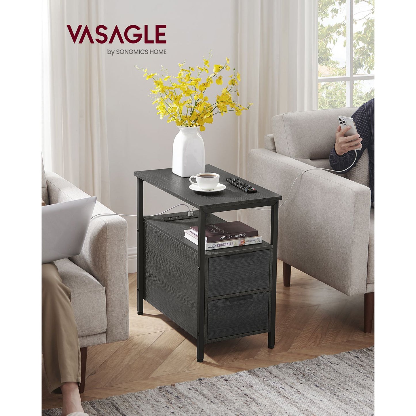 Narrow End Table with Charging Station and 2 Drawers - HWLEXTRA 