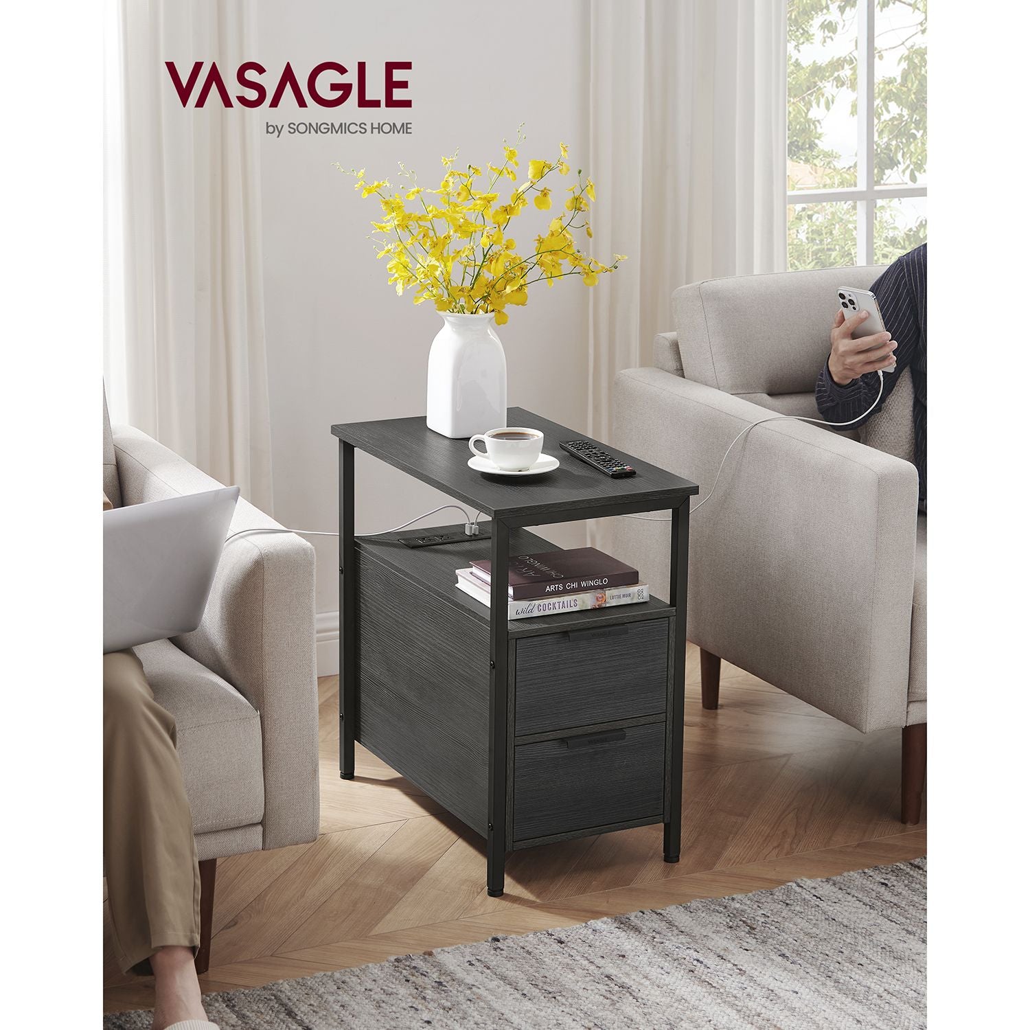 Narrow End Table with Charging Station and 2 Drawers - HWLEXTRA 