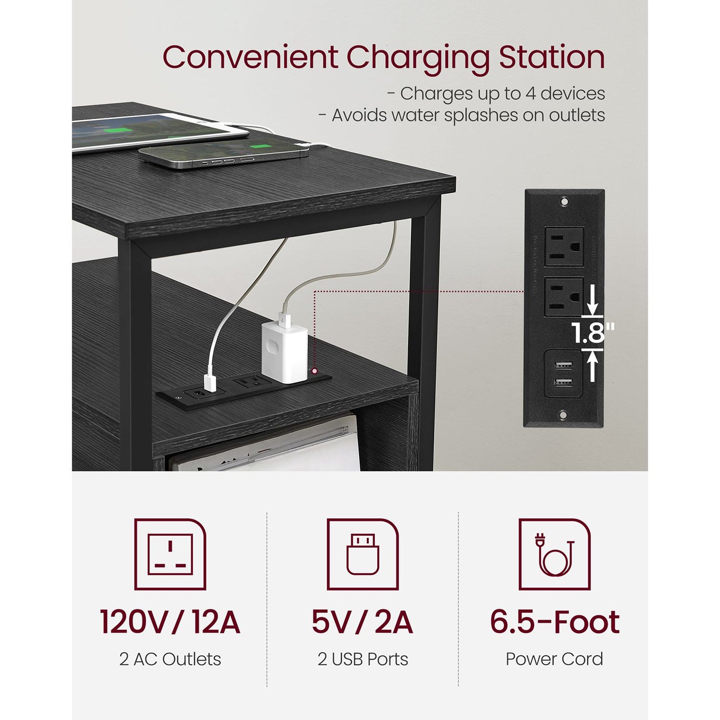 Narrow End Table with Charging Station and 2 Drawers - HWLEXTRA 