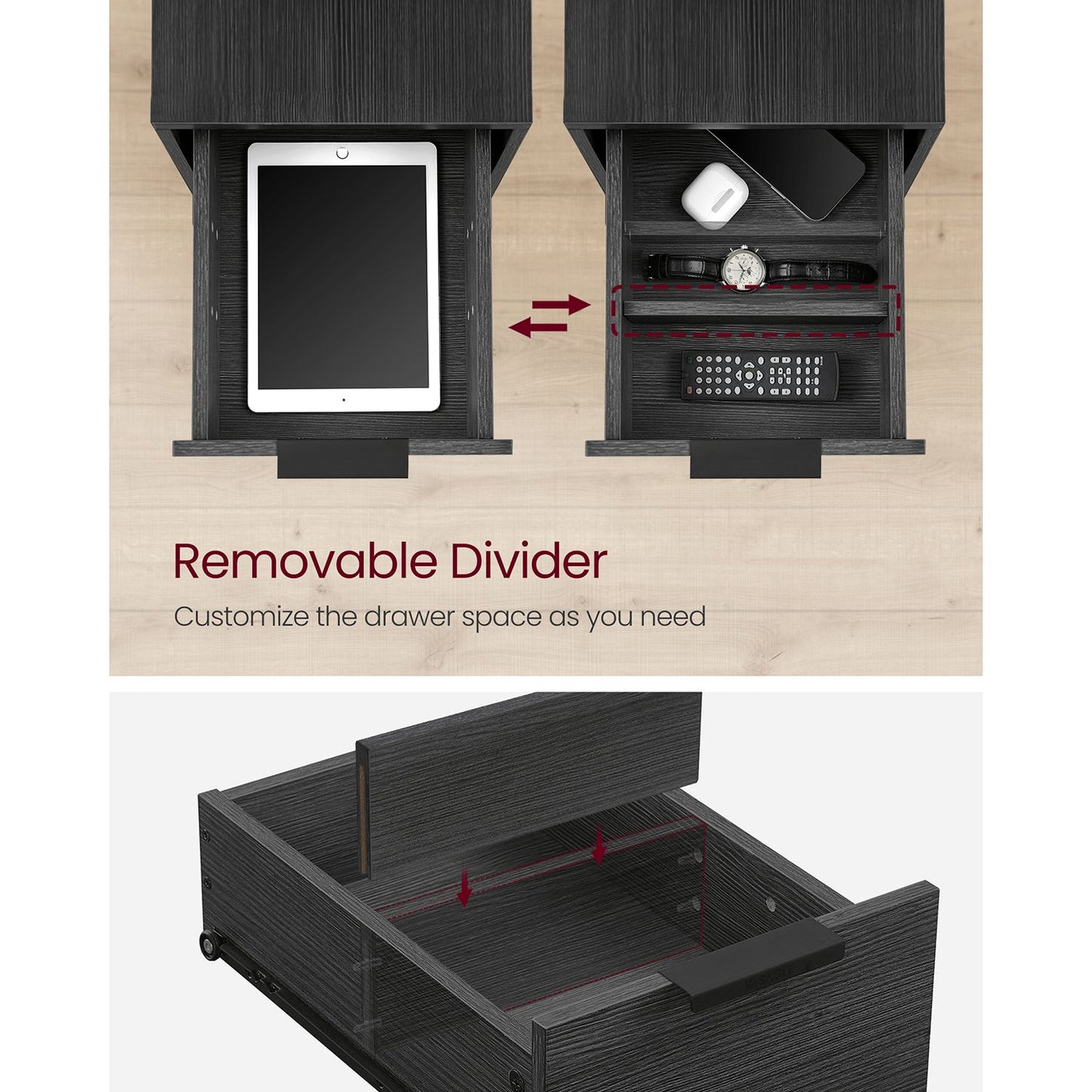 Narrow End Table with Charging Station and 2 Drawers - HWLEXTRA 