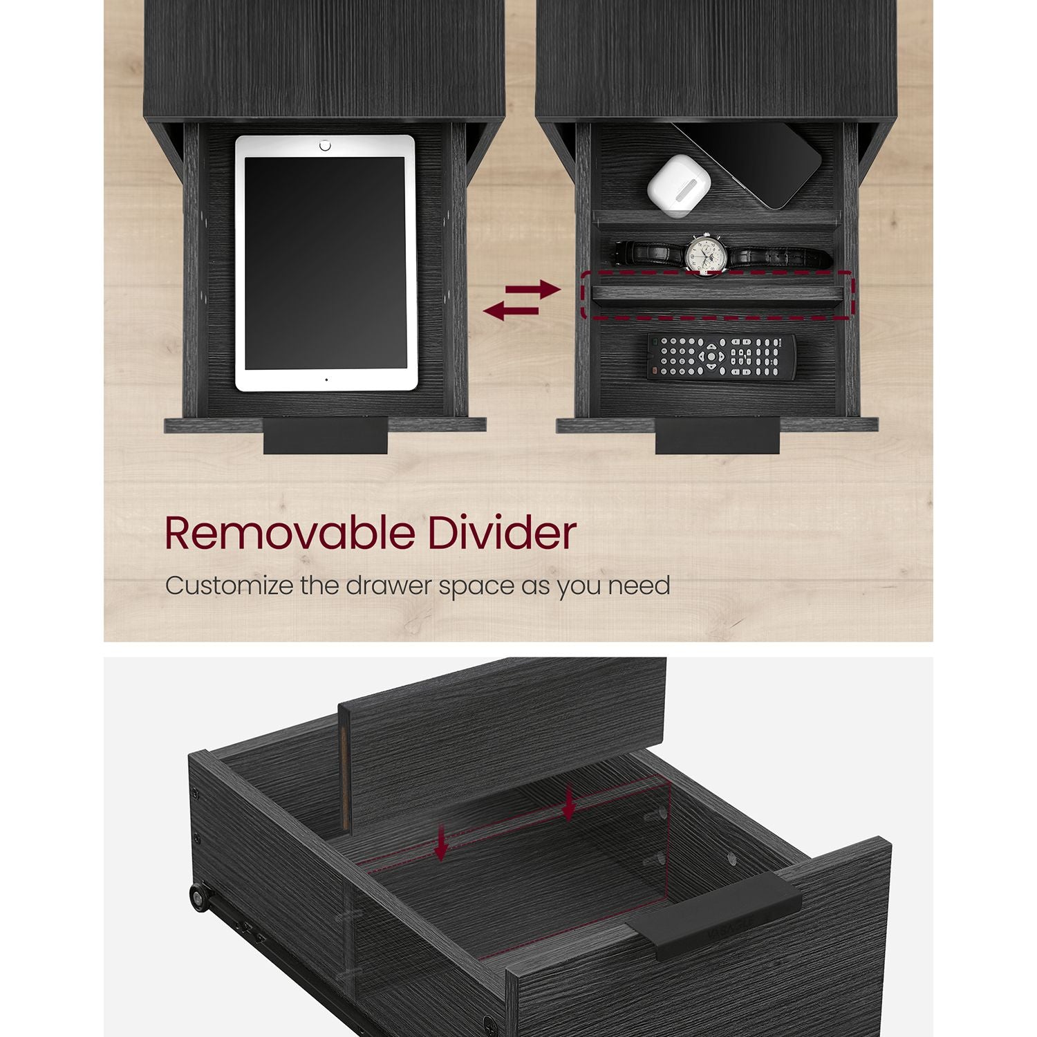 Narrow End Table with Charging Station and 2 Drawers - HWLEXTRA 